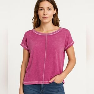 SUNDANCE Washed Pink Knit Top Raw Edge Detail Short Sleeve Tee. Size XS